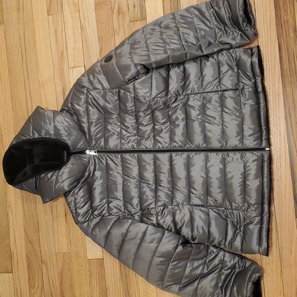 Andrew Marc Reversible Puffer Coat Hood Pockets Metallic Gray XX-Large